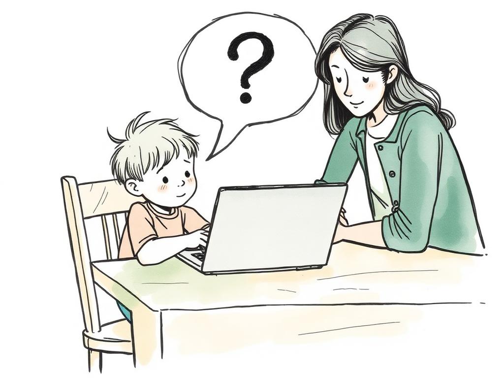 Ink and watercolor illustration of a parent and child at a kitchen table looking at a laptop together, with a question mark in a speech bubble above it