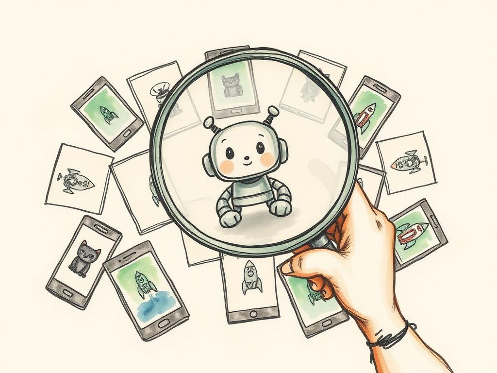 Ink and watercolor illustration of a hand holding a magnifying glass over scattered phone screens, revealing a small robot on one of them