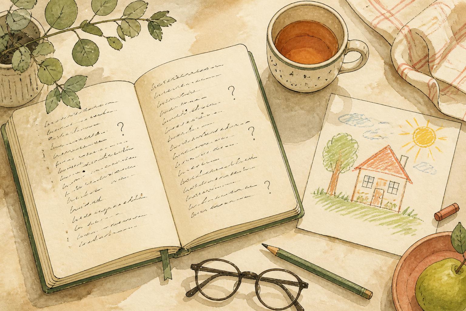 A notebook of handwritten questions, a cup of tea, and a child's crayon drawing on a kitchen table